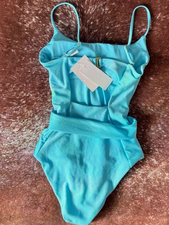 Becca Monte Carlo Belted Rib One Piece Swimsuit Bright Oasis Blue Small - Picture 11 of 16